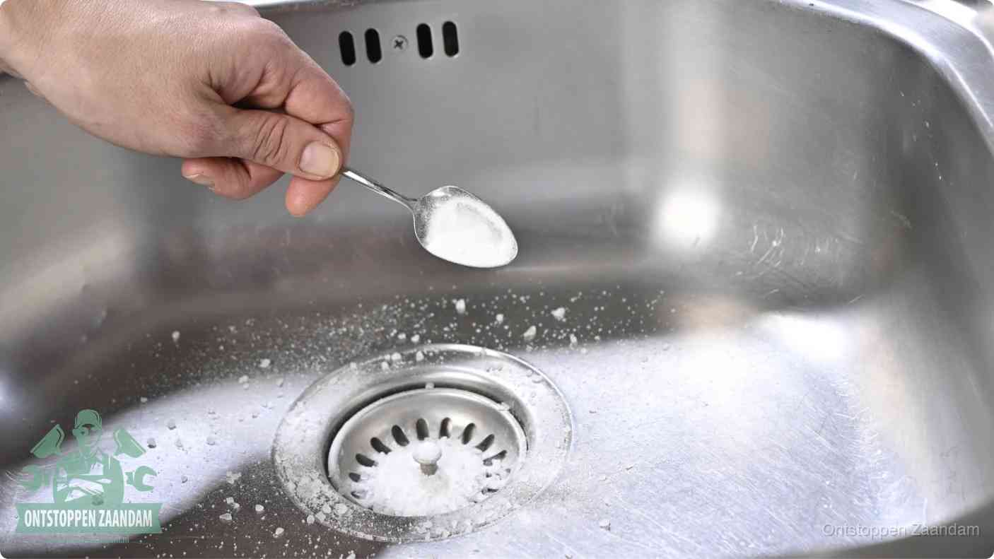 Een hand strooit met een lepel soda in de afvoer van een roestvrijstalen spoelbak, de soda en azijn huismiddel-methode om de afvoer te ontstoppen in Zaandam